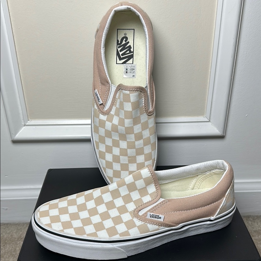 Vans Slip-On Checkerboard Sneakers in Beige and White